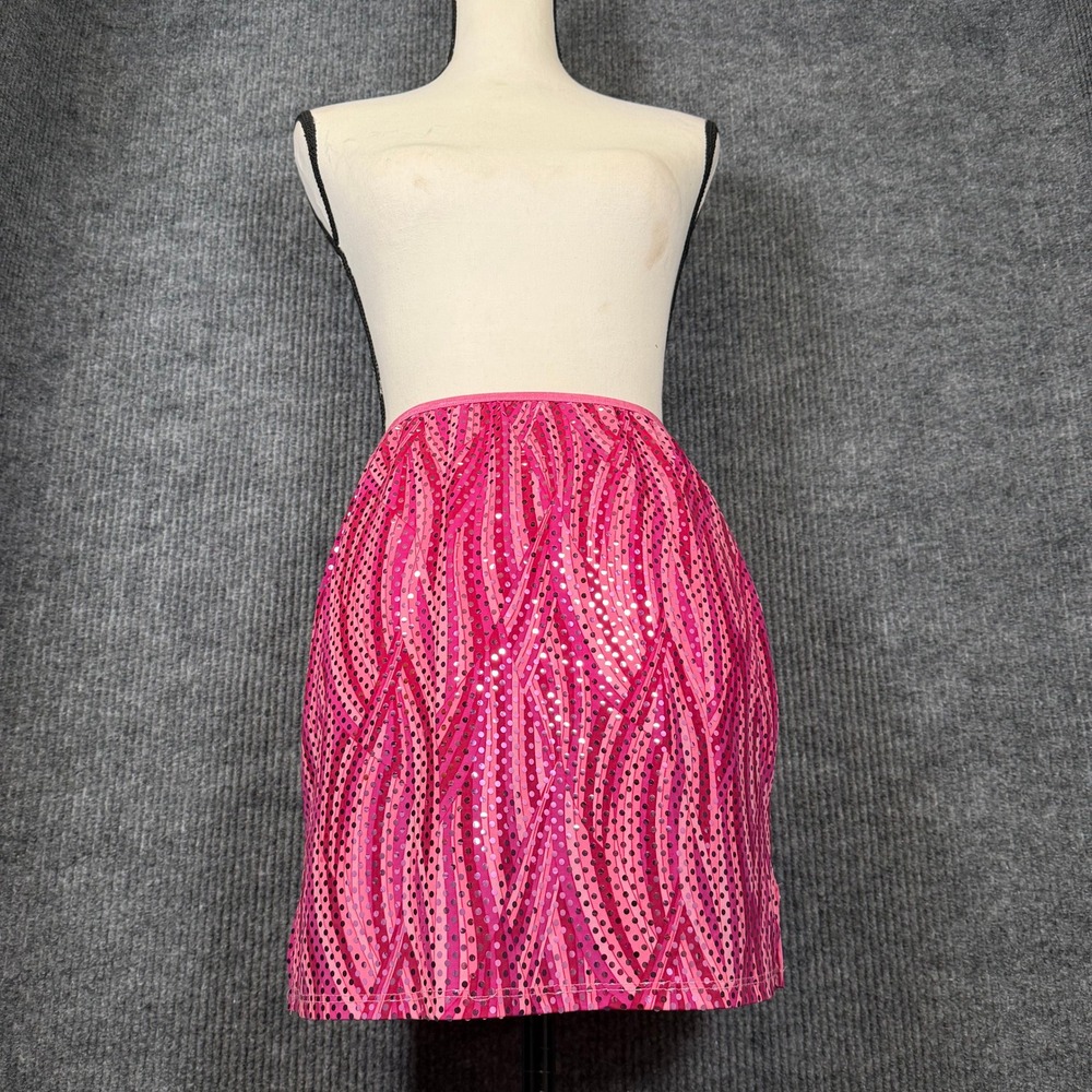 Vintage Y2K Eunice USA Pink Sequin Mini Skirt L Zebra Disco Glam Party Festival